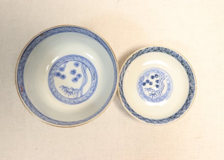 明治前期色絵芦に鳥と牡丹図通り物飯茶碗