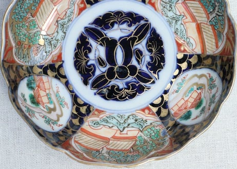 明治前期色絵山水風景と青海波図なます皿②かたつき