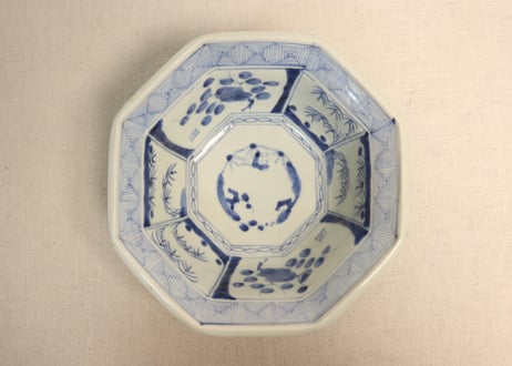 江戸幕末染付竹梅図八角鉢　ノミホツ