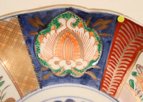 明治前期色絵六方に牡丹図7寸皿②ノミホツ,ムシクイ