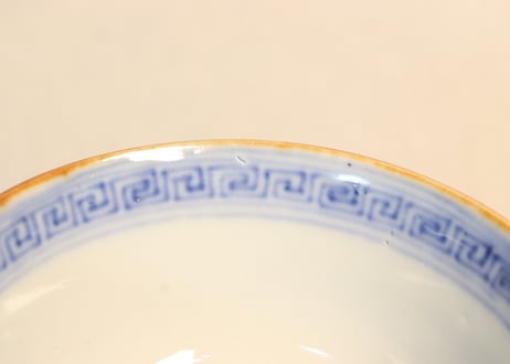 明治前期染付三方に山水窓絵と萩唐草図イゲ縁通り物飯茶碗