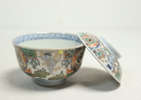 明治前期色絵獅子牡丹と人物図通り物飯茶碗②少甘手