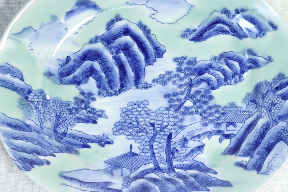 明治後期～大正銅判青磁山水図尺楕円皿 | 吉祥寺PukuPuku