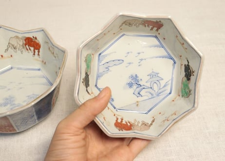 明治前期色絵馬と幾何学文八角三ツ組鉢 大のみ甘手