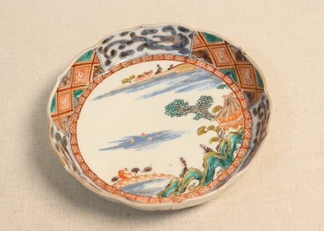 明治前期色絵山水図縁立六弁5寸皿
