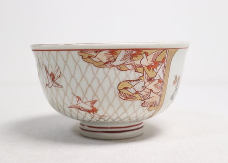 明治前期色絵網手に鶴と梅に鶯図通り物飯茶碗
