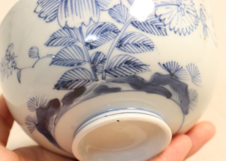 江戸後期染付菊と蝙蝠図飯茶碗