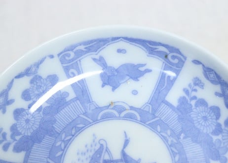 明治後期～大正銅判舟と三方に兎図小皿④　小ホツ,かたつき