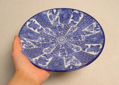 明治前期紙刷鳳凰と草花図7寸皿