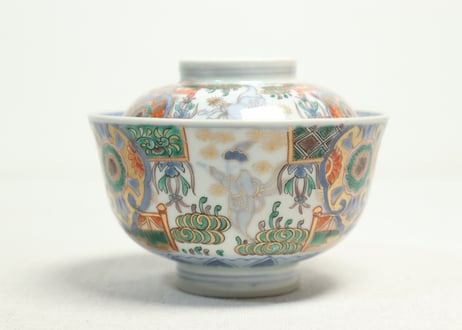 明治前期色絵獅子牡丹と人物図通り物飯茶碗①
