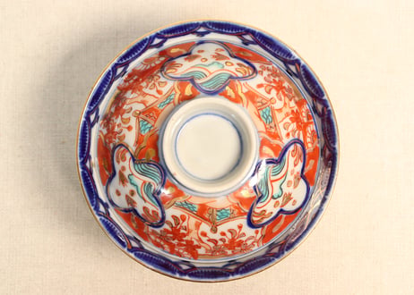明治後期～大正色絵桜と波千鳥図通り物飯茶碗