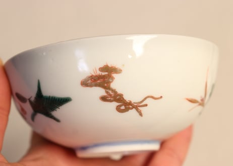 明治前期色絵菊に唐草と野菜図輪茶碗 5客組