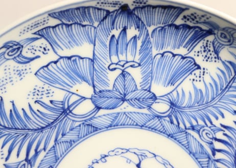 江戸幕末線描き三方に花図7寸皿 五客組 1ヶノミホツ,少甘手