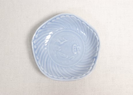大正~昭和戦前瑠璃釉陽刻鳳凰と桐図五角小皿