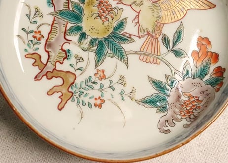 明治前期色絵柘榴と鳥図5寸深皿 釉剥げ