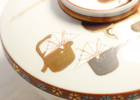 明治前期九谷焼色絵高砂図蒸茶碗