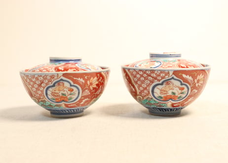 明治前期色絵獅子牡丹と幾何学文図飯茶碗①