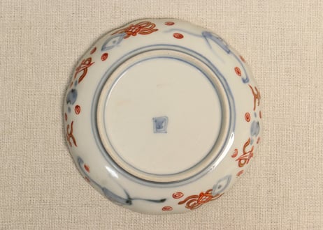明治前期色絵桃に山水と鳥籠図通り物小皿①5客組