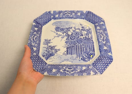 明治前期紙刷松竹梅に菊と千鳥図角皿　少甘手
