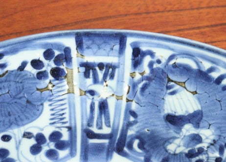 江戸前期藍九谷芙蓉手花鳥図尺皿