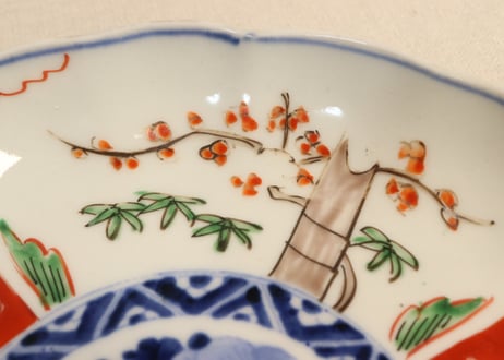 明治前期色絵三方に竹梅図通り物７寸皿