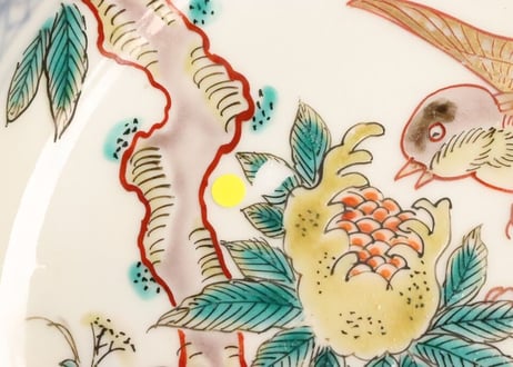 明治前期色絵柘榴と鳥図5寸深皿 釉剥げ
