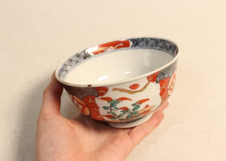 明治前期色絵萩と七宝文図飯茶碗①窯傷