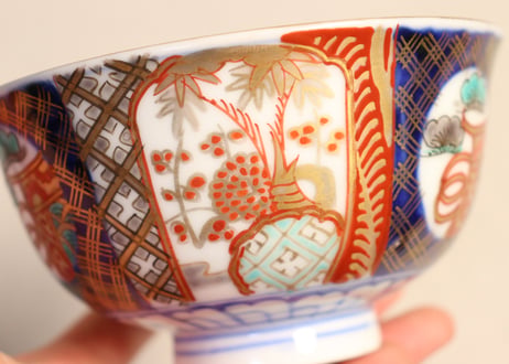 明治前期色絵桃と松竹梅図飯茶碗