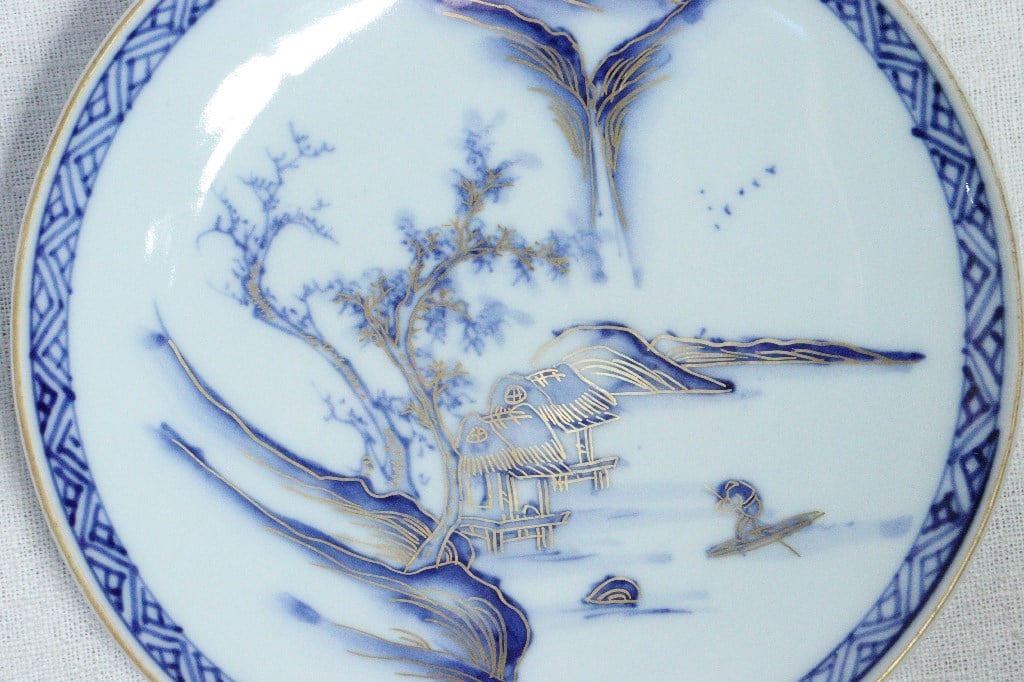 1277  九谷焼　染付山水風景図　皿　5客　時代物 1277 九谷焼染付山水風景図皿5客時代物