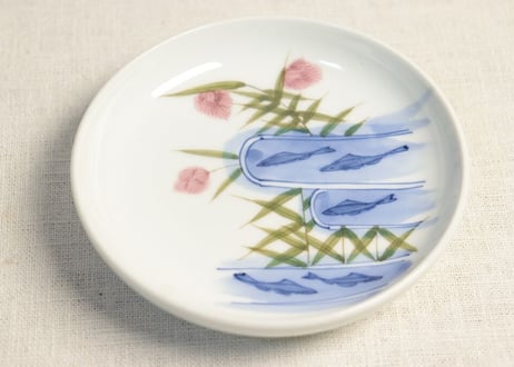 明治後期～大正染付鮎と芦図小皿