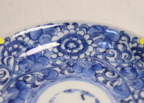 明治前期染付線描き八方に牡丹と唐草図5寸皿 ムシクイ多