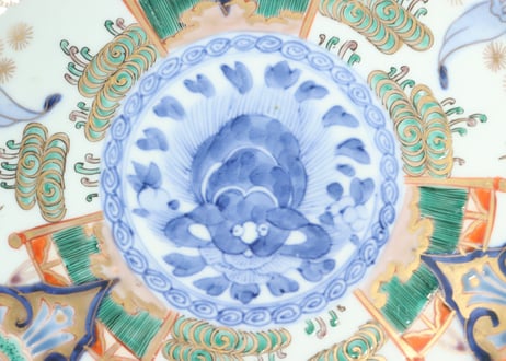明治前期色絵獅子牡丹と人物図通り物7寸皿
