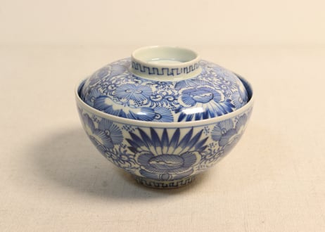 江戸幕末染付線描き三方に花図蓋茶碗 5客組