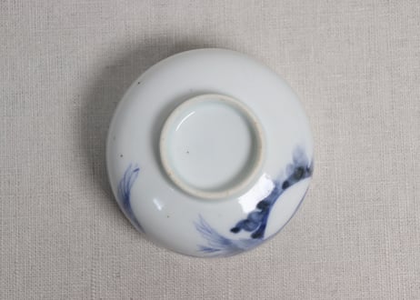 明治前期染付月に鳥図湯呑　黒点,フリモノ