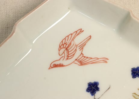 明治後期～大正色絵紅葉と鳥図縁立菱形皿②釉剥げ