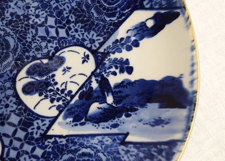 明治前期紙刷窓絵に山水と草花図一尺一寸皿
