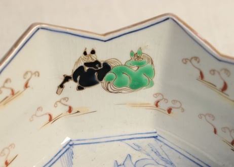 明治前期色絵馬と幾何学文八角三ツ組鉢 大のみ甘手