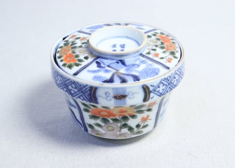 明治前期色絵牡丹と山水図蓋茶碗　5客組　小ニュウ有り