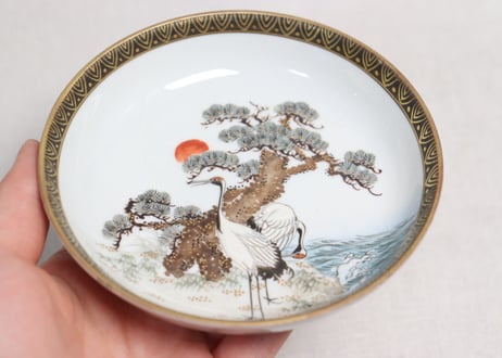 明治前期九谷焼色絵松鶴図通り物深小皿　甘手