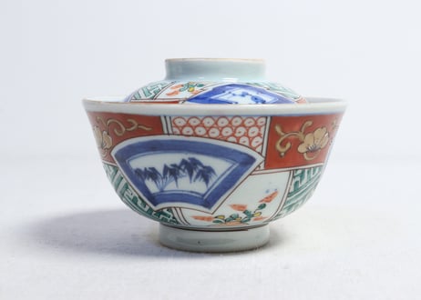 江戸幕末色絵松竹梅と幾何学文割絵蓋茶碗