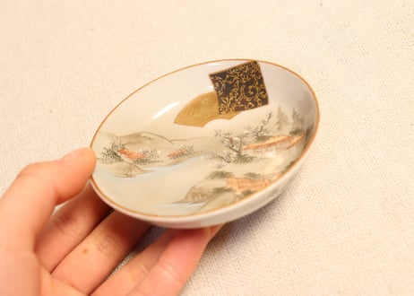 明治前期九谷焼色絵家風景図通り物豆皿②　少甘手