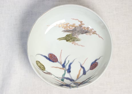 明治前期色絵芦と水鳥図三つ組鉢