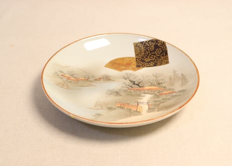 明治前期九谷焼色絵家風景図通り物8寸皿②　ノミホツ