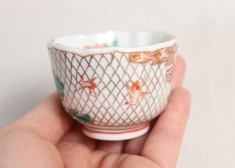 明治前期色絵網手に鶴と梅に鶯図通り物小向付