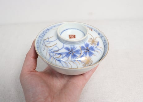 明治前期金彩撫子図飯茶碗