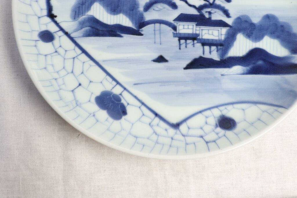 #幕末明治　染め付け　山水図　角切皿　銘入り 伊万里 染付 山水文 大角皿（江戸幕末期）｜30cm×30cm 高さ5cm | 古