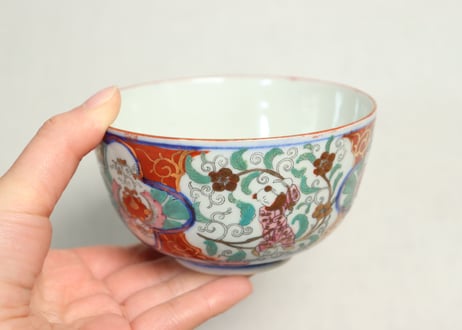 明治後期～大正色絵プリント花と唐子図蒸茶碗