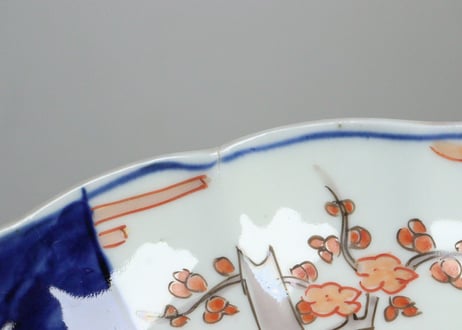 明治前期色絵桃と竹梅図通り物７寸皿