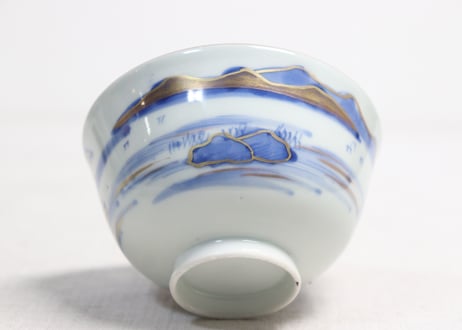 江戸幕末金彩染付山水図飯茶碗