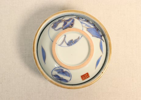 江戸幕末金彩朝顔と山水図飯茶碗